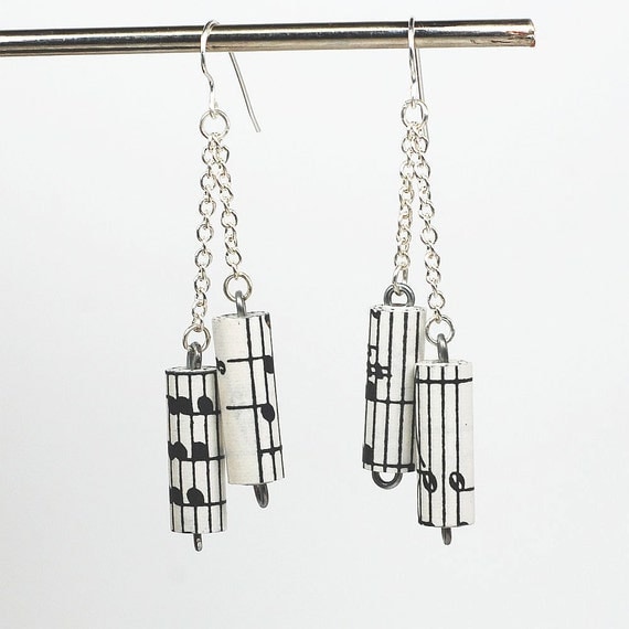 Paper Bead Jewelry Vintage Sheet Music & Chain Earrings by Tanith