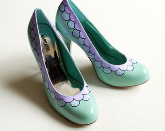 Hand painted Heels - Scalloped Pastel Lilac and Blue Shoes - Size UK 4/ US 6.5/ EU 37 - Kezbirdie