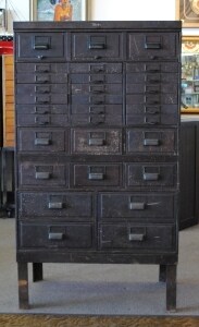 Vintage Industrial Globe Stacking Metal 31 Drawer Card Catalog Storage Cabinet