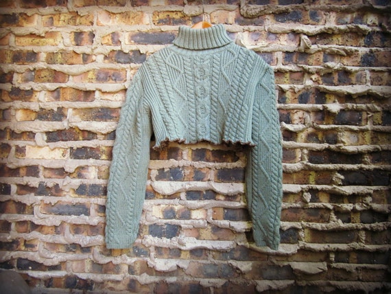 Sage Green Wool Cable Knit Cropped Turtleneck Sweater// Large