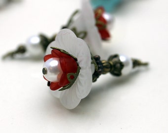Vintage Style Lucite Flower in White and Red with White Pearl Dangle Charm Drop Set - 2 Pieces