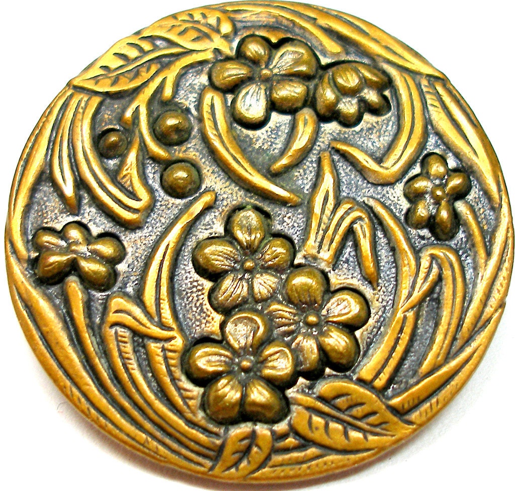 XL Antique brass BUTTON 1800s Victorian flowers & facets.