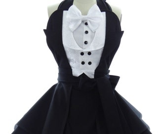 Retro Apron - The Gotham Penguin Tuxedo Womens Costume Apron - Kitchen, Hostess, & Cosplay Aprons for Women by BambinoAmore
