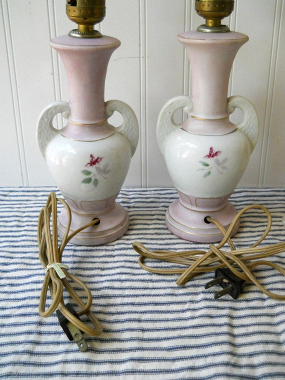 Pair Occupied Japan lamps with shades boudoir lamps Pink rose