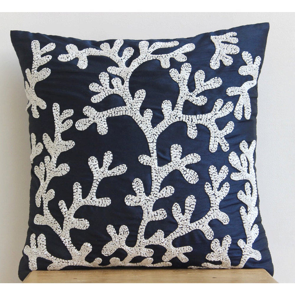Navy Blue Decorative Pillows Cover Square Coral Design Sea