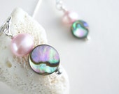 Pink Abalone Shell Earrings, Freshwater Pearls, Beachy Jewelry