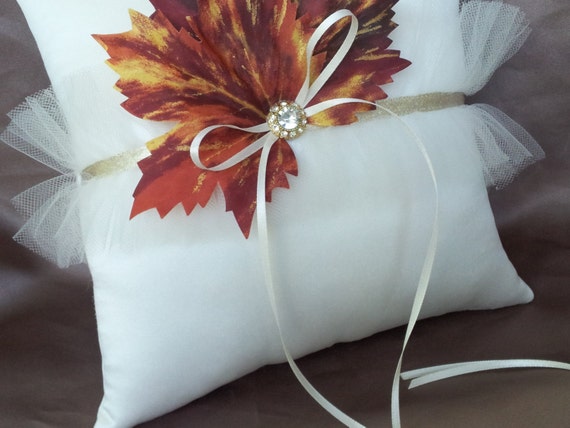 Ivory Fall Ring Bearer Pillow Leaves Tulle Leaf Autumn Theme Wedding Pillow