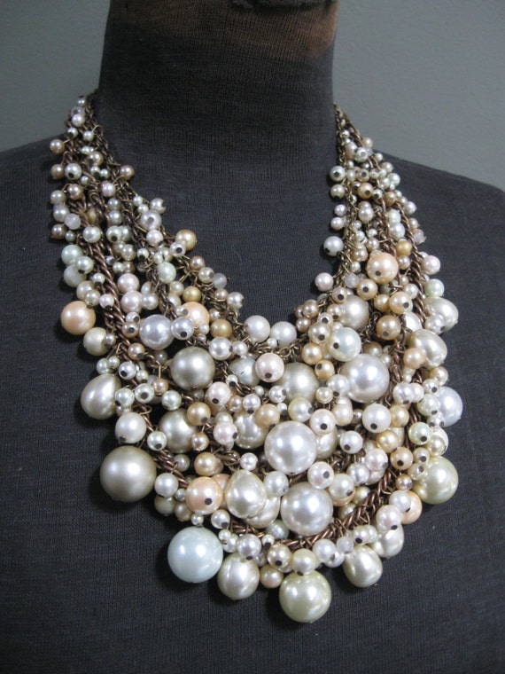 Pearl Bib Statement Necklace Ivory Cream Ecru And Brass