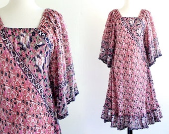 70s India Sheer Cotton Gauze Metallic Boho Hippie Caftan Ethnic Festival Dress Maxi Indian Tent . XS . SM . No.527.10.11.13