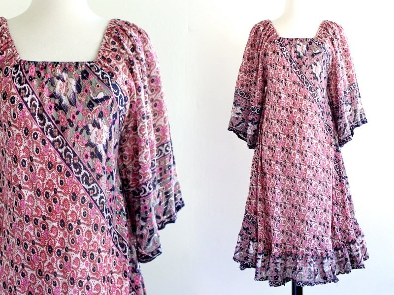 70s India Sheer Cotton Gauze Metallic Boho Hippie Caftan