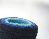 crocheted navy to sky blue ombre nesting catch all bowls, made from crocheted up-cycled t-shirts by yourmomdesigns