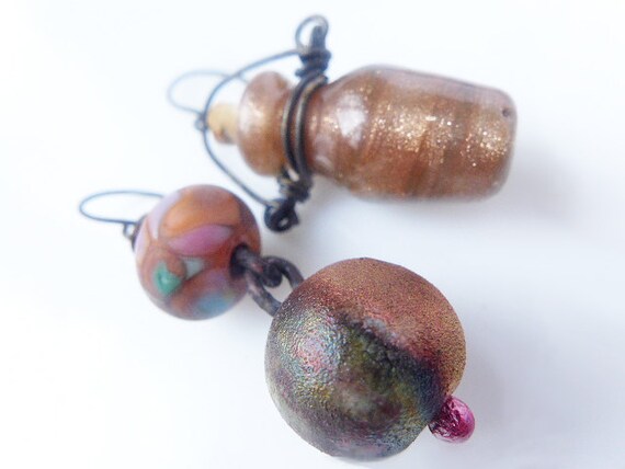 The Earthly Ones. Asymmetrical rustic  raku lampwork assemblage earrings.