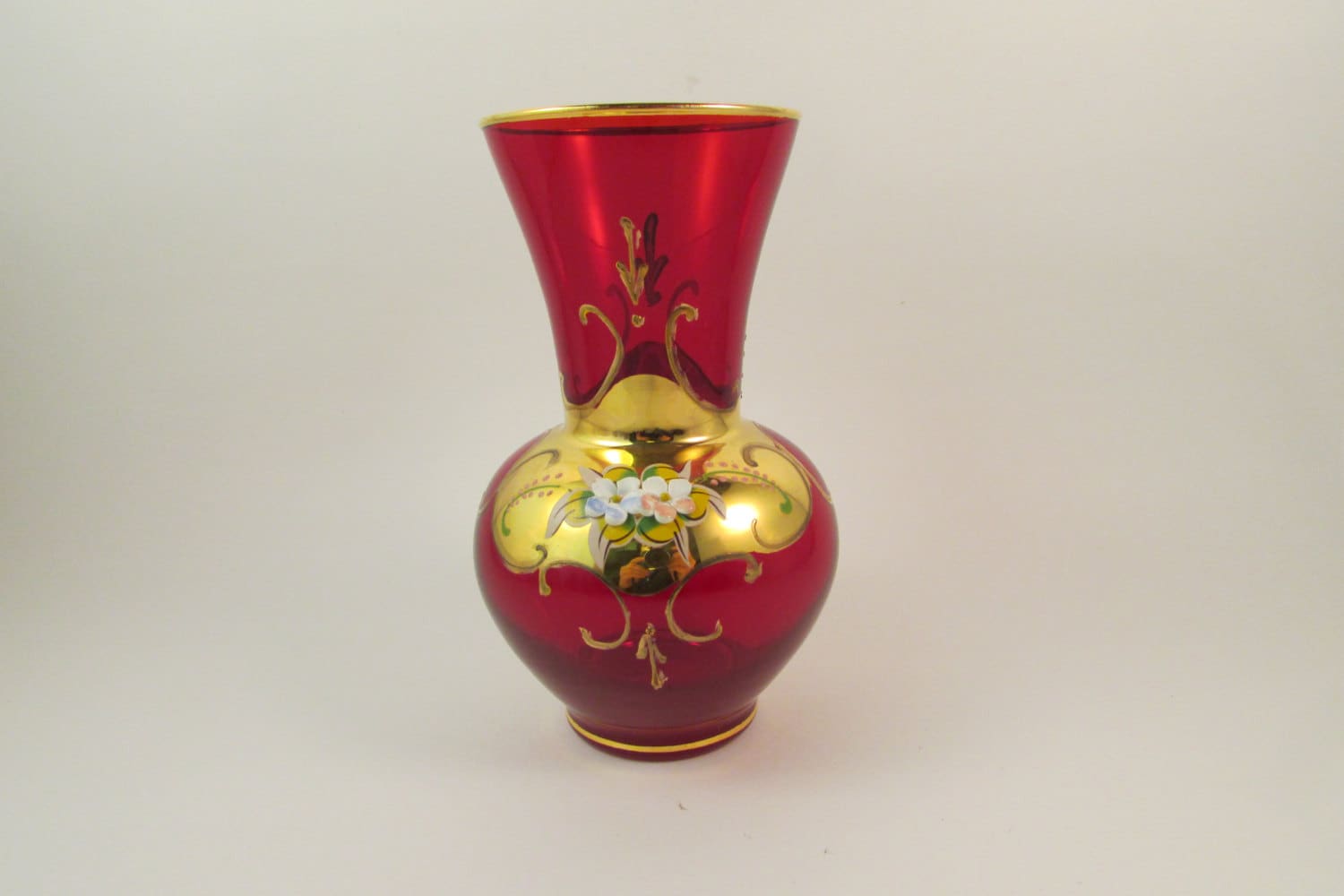 Vintage Red Murano Art Glass Vase With Enameled Flowers 24k