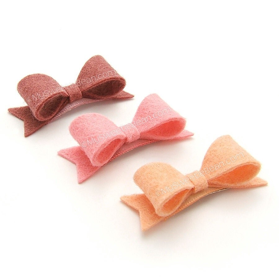 Tiny Felt Bows for Babies, Felt Baby Bows, No Slip Snap Clips for Baby, 2 inch Felt Bows with Tails, Baby Bow Set, Peach, Pink, Fig