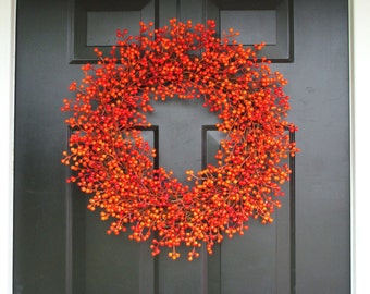 Orange Weatherproof Berry Wreath, Fall Wreath, Halloween Decor, Halloween Wreath Decoration, WEATHERPROOF Berries