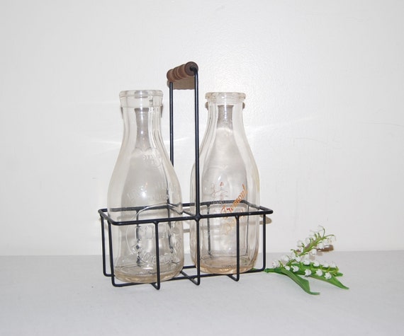 Vintage Glass Milk Bottles and Carrier 50s