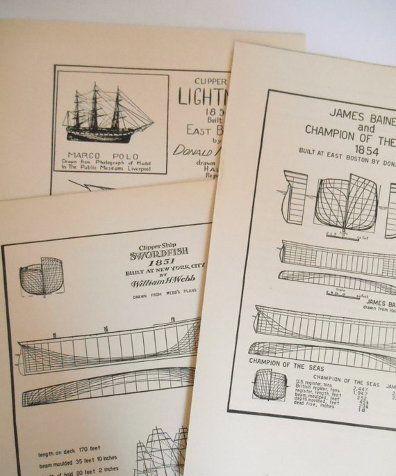 Clipper Ship Plans Lines and specs Vintage by moosehornvintage