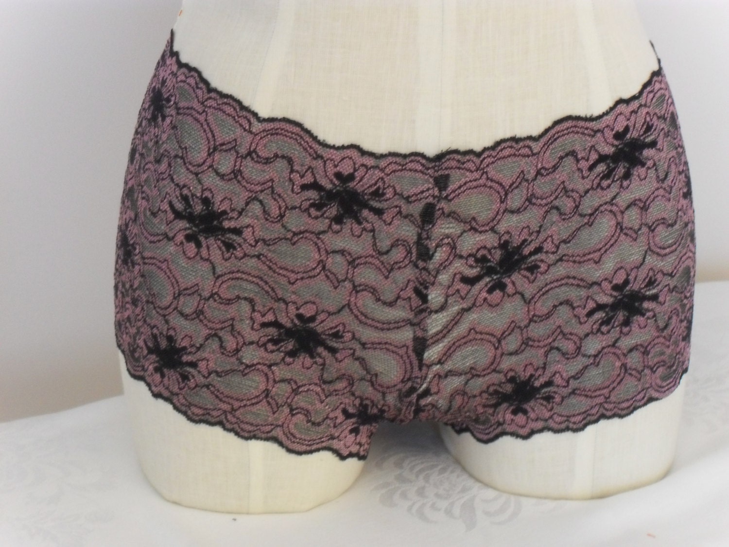 Boy Short Style Panties in Black and Pink Stretch Lace