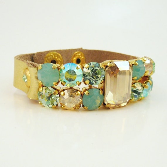 Items similar to Brown Mint Green Leather Cuff Bracelet 8mm Rhinestone