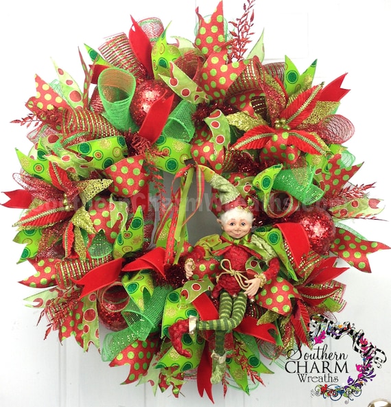 Deluxe Deco Mesh CHRISTMAS Wreath for Wall Red Lime Green Raz Elf Whimsical Funky Il_570xn