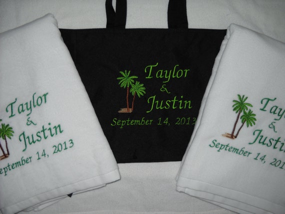 Bride and Groom Beach Towels and Beach Bag Honeymoon gift Names, Date ...