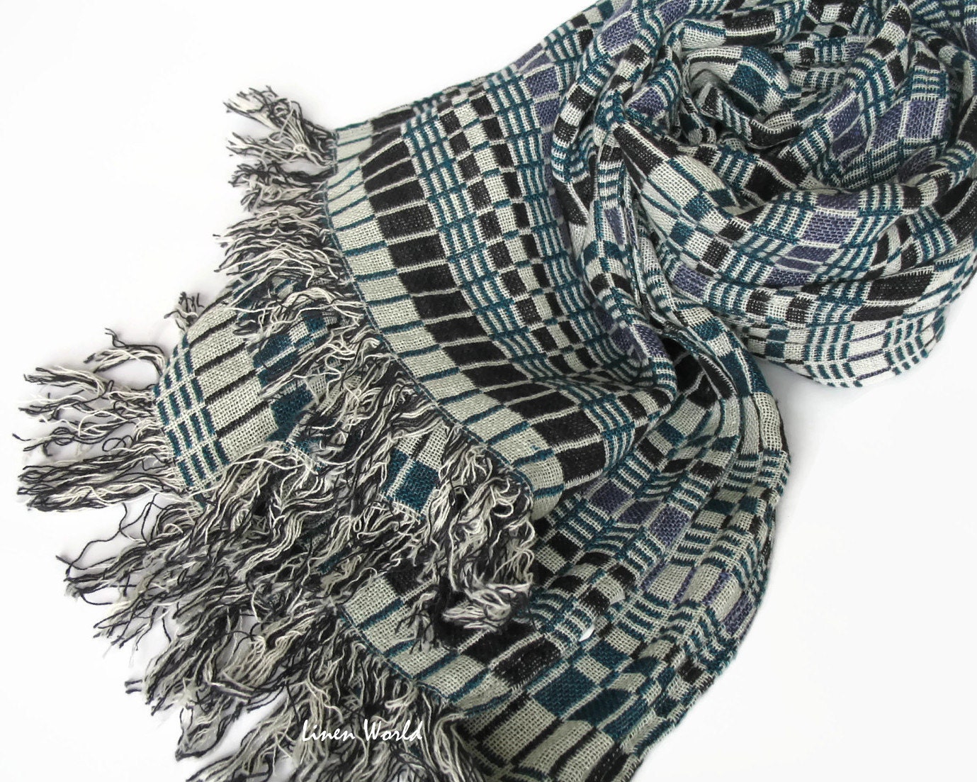 Natural Linen Scarf Black Blue Geometric Pattern Linen