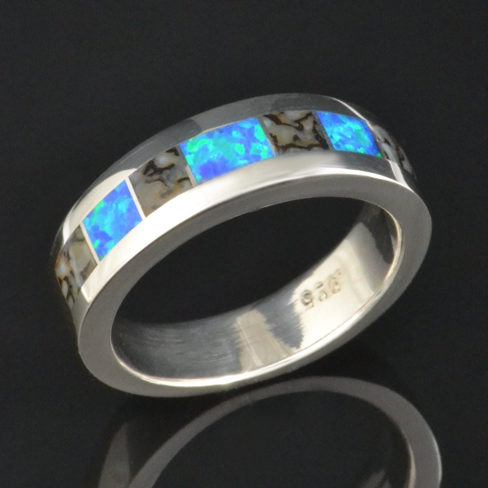 Gray dinosaur bone and lab created opal ring in sterling