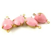 2 - Vintage Pear Shaped Stones in 2 Rings Closed Back Brass Prong Settings - Opaque Pink - 14x10mm