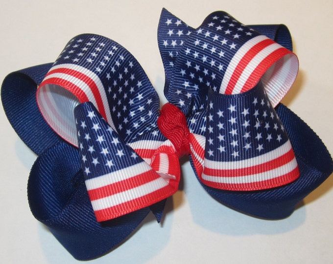 American Flag Patriotic Red White and Blue Double Layered Boutique Lush Hair Bow with Stars and Stripes and lot of Spikey Edges