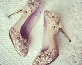 Champagne Vintage Flower Lace Crochet Bridal Satin Wedding Bridal Pumps Shoes Bride