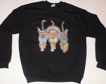 Three Native Kitty Cats Sweatshirt S M L or XL Gray or Black