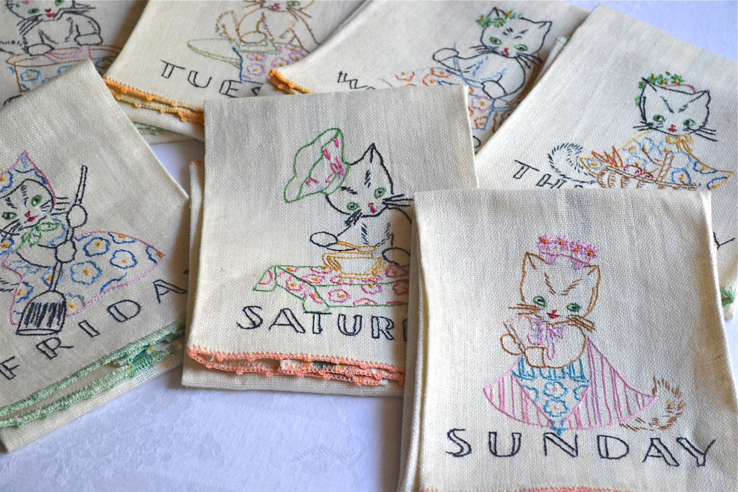 Vintage Days of the Week Towels Embroidered Busy Kittens A