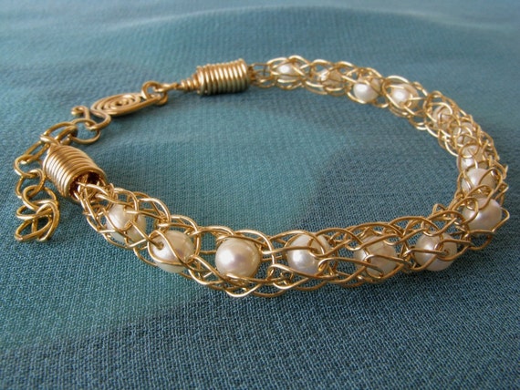 Gold wire crochet pearl bracelet on Etsy