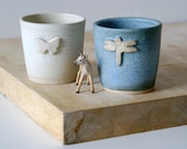 Set of two insect themed stoneware beakers - glazed in vanilla cream and smokey blue