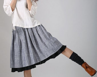 Gray midi skirt,Tea length skirt, linen skirt, women skirt, knee length skirt,pleated midi skirt, skater skirt, custom skirt, handmade (777)