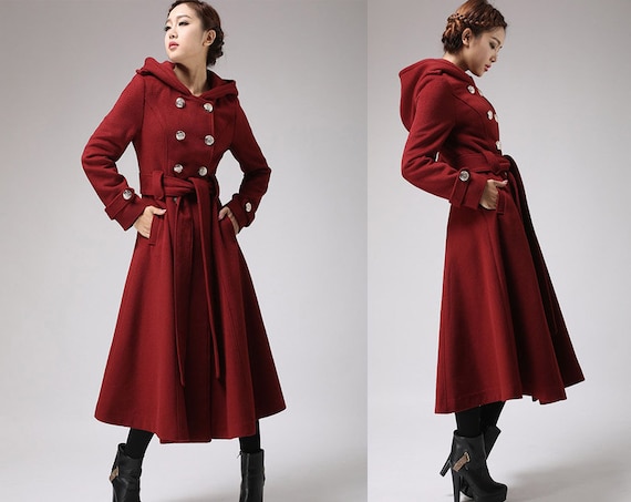 Military coat red wine jacket cashmere coat winter hooded mantle (705F1)