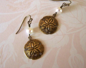 Sand Dollar and Pearls Earrings - Beach earrings - The Legend of the Sand Dollar Earrings - Beach Wedding - Pearl Sand Dollars