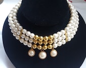 Stunning Vintage Three Strand Faux Pearl Gold Bead Dangle Choker Necklace Stunning Vintage Three Strand Faux Pearl Gold Bead Dangle Choker Necklace