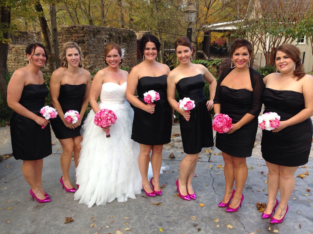 Hot pink real touch rose wedding bouquet with rhinestone brooches, bridal bouquet