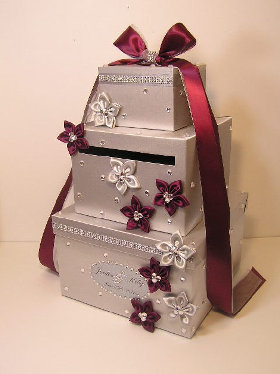 Wedding Card Box Silver and Burgundy/Wine Gift by bwithustudio
