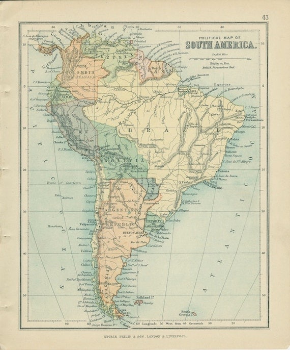 1895 South America Political Map Victorian Antique World