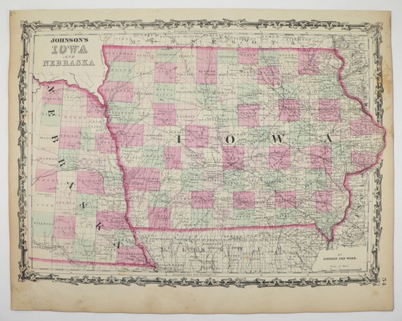 Iowa Map Nebraska 1863 Johnson Map State by OldMapsandPrints