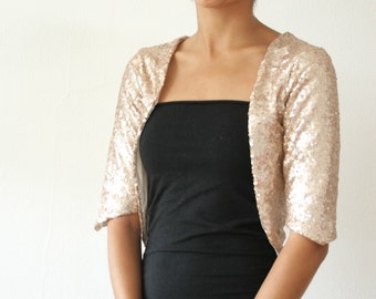 Champagne Gold Bolero, Wedding Bolero, Sequin Gold Bolero Shrug, Sparkles, Vintage Feel, Romantic, Gold Sequin Bolero, Cardigan - SALLY