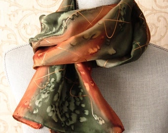 Silk Scarf Handpainted in Olive and Copper Brown with Gold