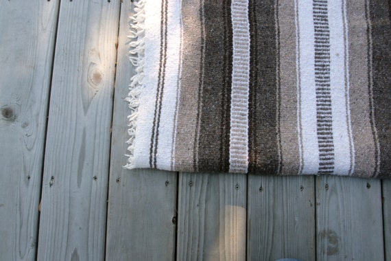 Vintage Large Cotton Mexican Blanket in Gray Indigo and Peach