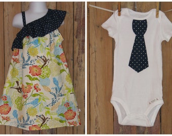LAST ONE- Brother Sister Set - Ruffled One Shoulder Hummingbird Dress Boys Tie Shirt - Baby Toddler -Easter Spring Summer