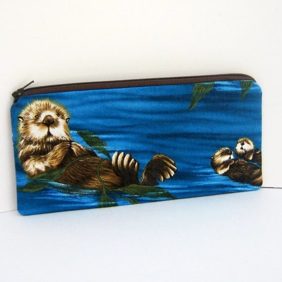 Sea Otter Pencil Pouch Long Zipper Pouch Blue Ocean