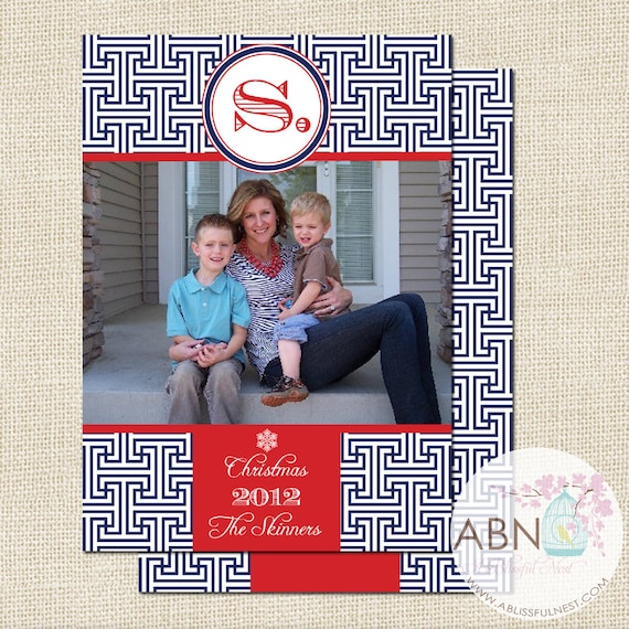 Holiday Christmas Photo Card - Preppy GREEK KEY Monogram 5x7 - PRINTABLE Customized Photo Christmas Card - By A Blissful Nest Il_570xn