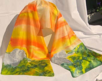 Silk Scarf,Hand Designed, Yellows, Orange,Green,Gray, Elephants,"Walk On The Wild Side",or Table Runner