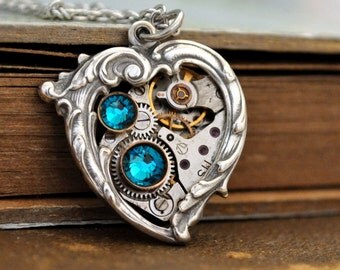 blue heart, steampunk jewelry, Valentine Jewelry, In My HEART All the TIME, Victorian heart necklace, blue zircon heart,